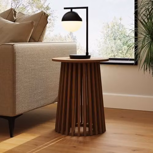 GFW Kaleb Round Side Table with Slatted Base in Walnut Finish, W/D/H: 40 x 40 x 50 cm