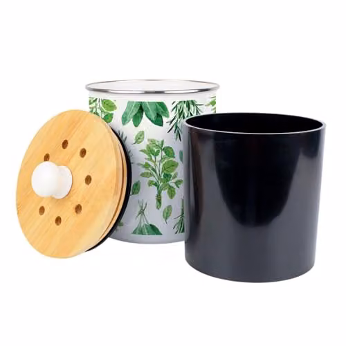 Purely Home Green and White Enamel Metal Food Waste Compost Caddy with Removable Inner Bucket and Odour Filter, 2L – 3