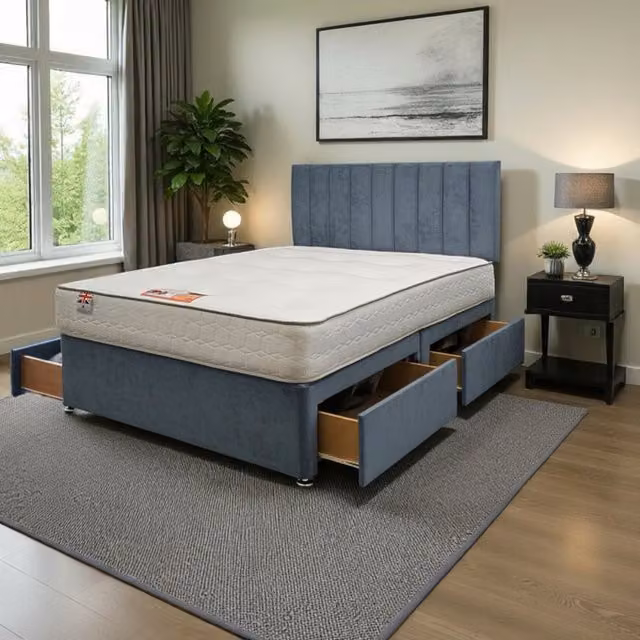 Knight Sleep Paris Plush Superking Bed Set with Mattress and 4 Drawers in Sky Blue, W/D/H: 200 x 220 cm
