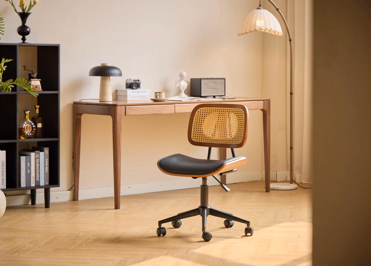 Nordlys Mid-Century Adjustable Task Chair in Black with Wood, Rattan and Synthetic Leather – 2