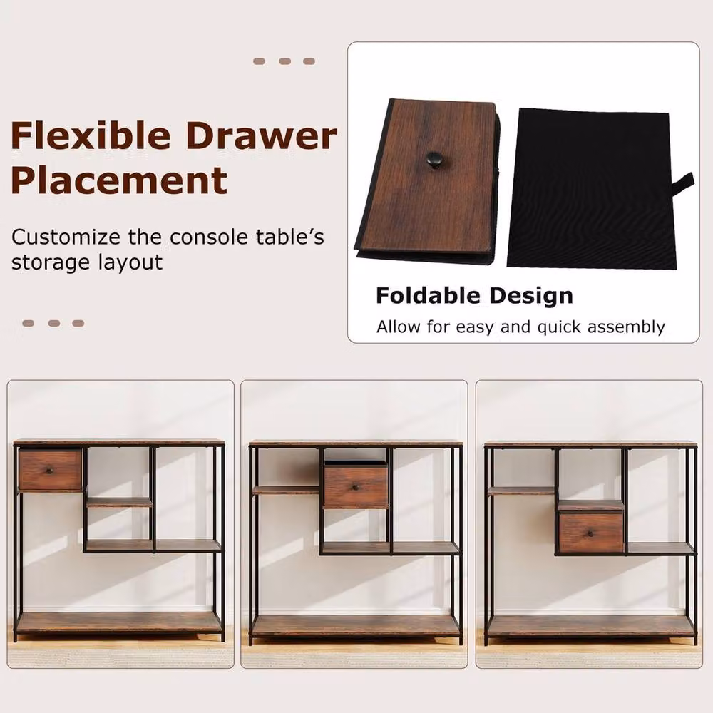 VOGREX Brown Wood and Metal Behind Sofa Console Table Storage, Width: 100 cm – 3