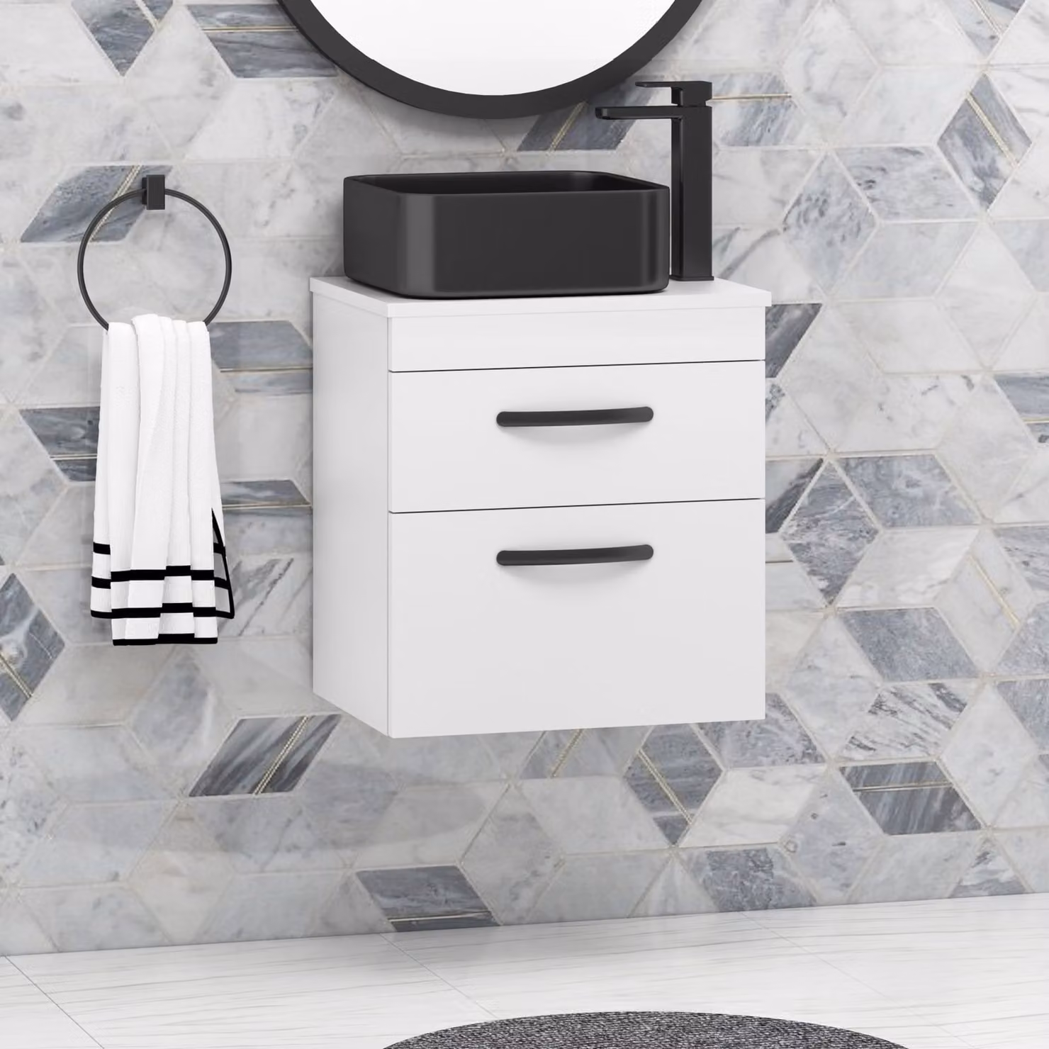 Royal Bathrooms 500mm Wall Hung 2 Drawer Gloss White Vanity Unit with Art Square Countertop Basin