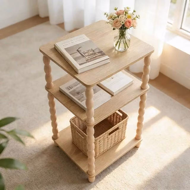 FORGEVIO Brown Wooden Side Table with Storage Shelf