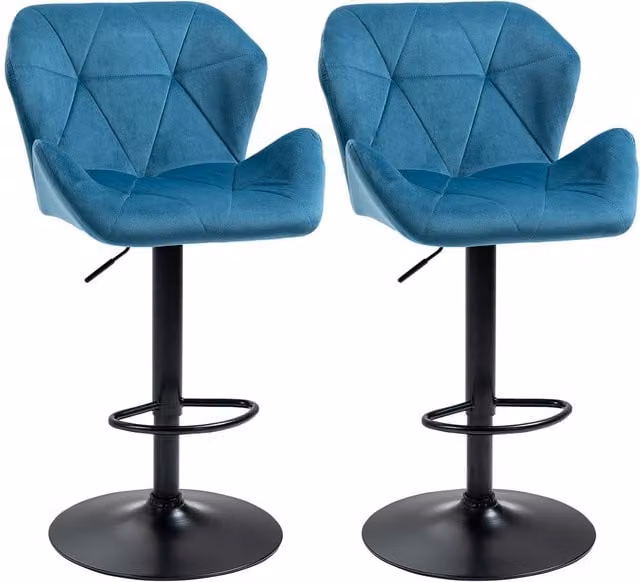 ERGOVEXA Set of 2 Blue Velvet Bar Stools with Metal Frame