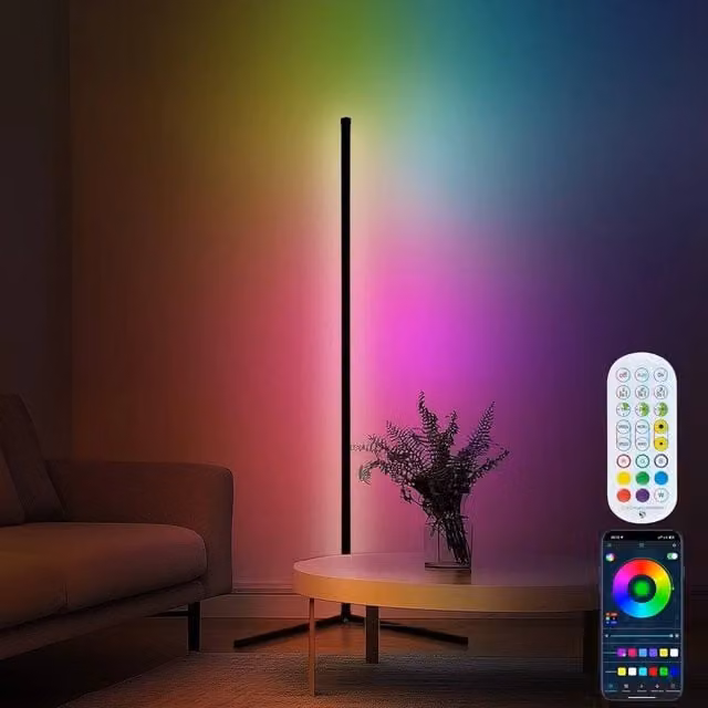 VOGREX Modern Minimalist LED Corner Floor Lamp with Remote Control and RGB Mood Lighting in Black