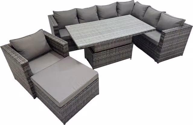 Fimous 8-Seater PE Rattan L-Shape Corner Sofa Set with Height-Adjustable Table in Dark Grey Mixed
