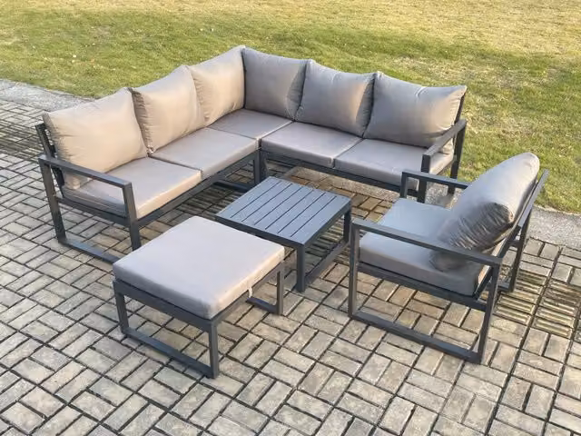 Fimous Modern L-Shape Outdoor Garden Furniture Set in Dark Grey with Powder Coated Aluminium Frame, Lounge Armchair, Coffee Table and Ottoman