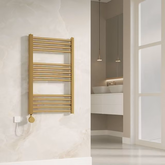 Banyetti Aureli Brushed Brass Electric Ladder Towel Rail Radiator in Gold W/H: 80 x 80 cm