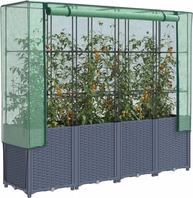 Berkfield Home Raised Bed with Greenhouse Cover in Black Rattan Look, W: 160 cm, D: 40 cm, H: 153 cm