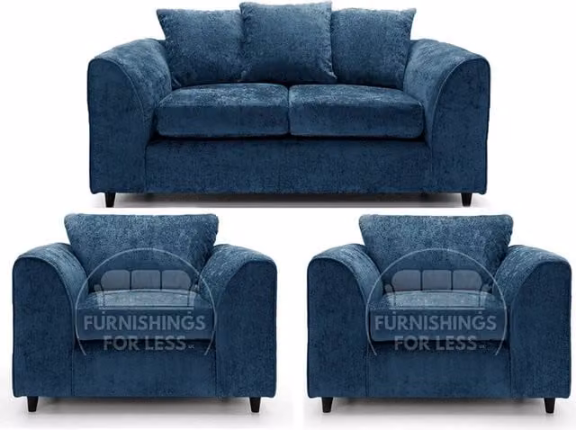 Furnishings For Less UK Monaco Blue Chenille Fabric 3 Piece Sofa Suite Including 2 Seater Sofa and 2 Armchairs