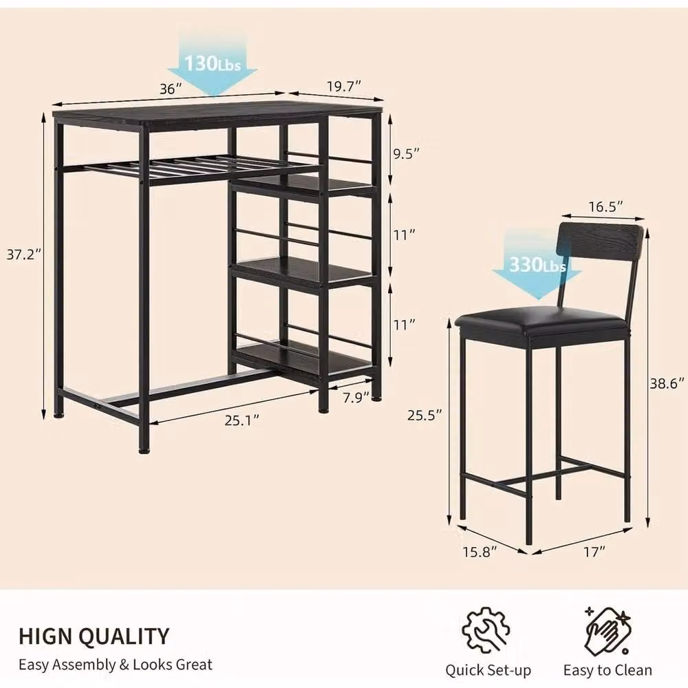 VOGREX 3-Piece Modern Square Dining Set with 2 Stools and Wine Rack in Black – 2