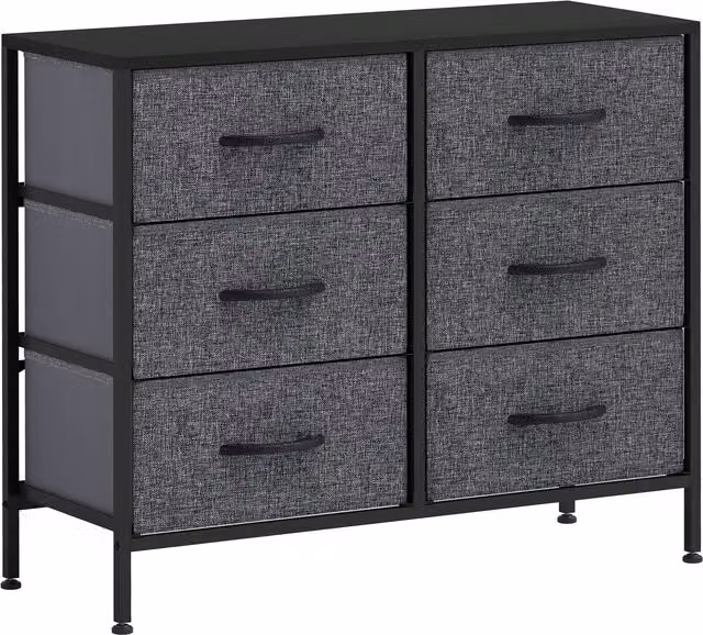 HOMCOM Industrial Fabric Chest of Drawers with 6 Drawers, Steel Frame and Wooden Top, Black/Grey, W/D/H: 62.5 x 80.0 x 1.0 cm – 1