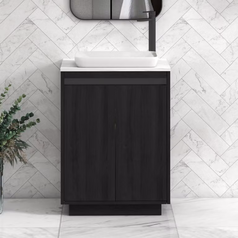 Royal Bathrooms Orion 600mm Hale Black Floor Standing Vanity Unit with Qubix Carrara White Countertop and Black Accent Trim