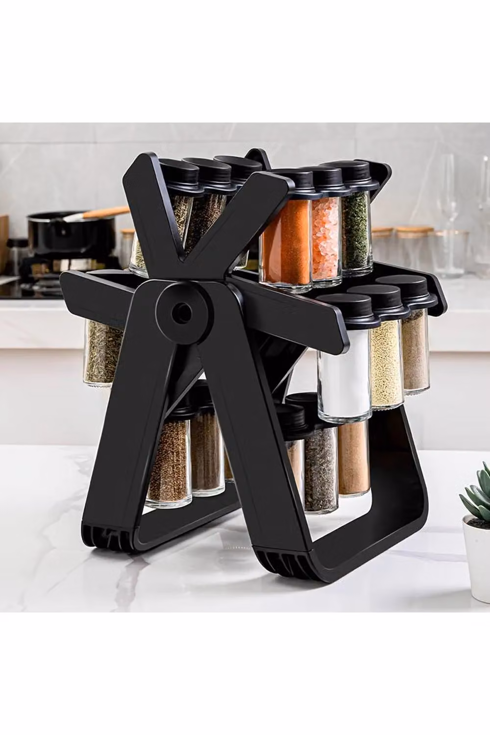 Livingandhome 360 Rotating Ferris Wheel Spice Rack Organizer in Black with 18 Glass Seasoning Bottles – 5