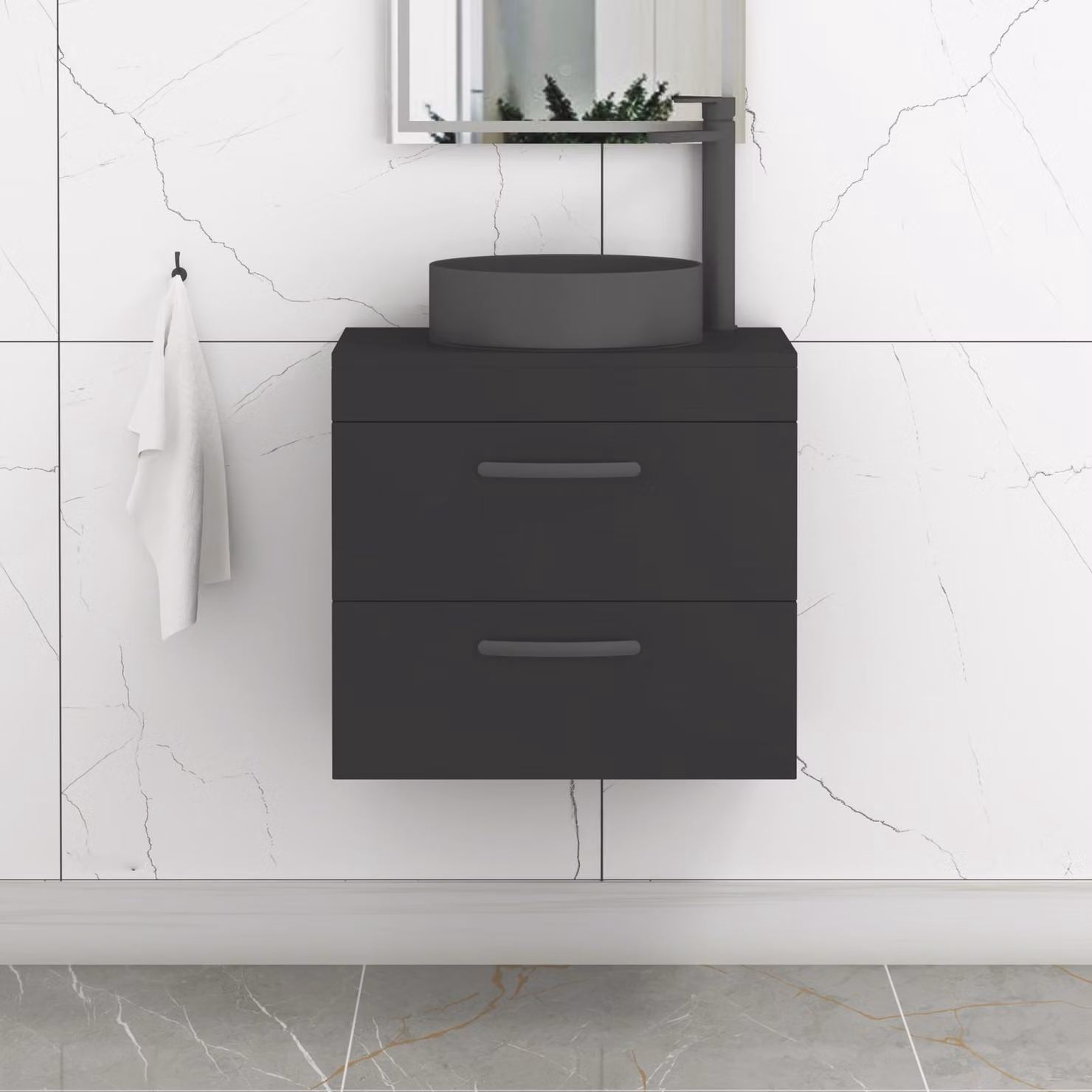 Royal Bathrooms Turin 500mm Wall Hung 2 Drawer Matt Black Vanity Unit with Art Round Countertop Basin and Matt Black Handle