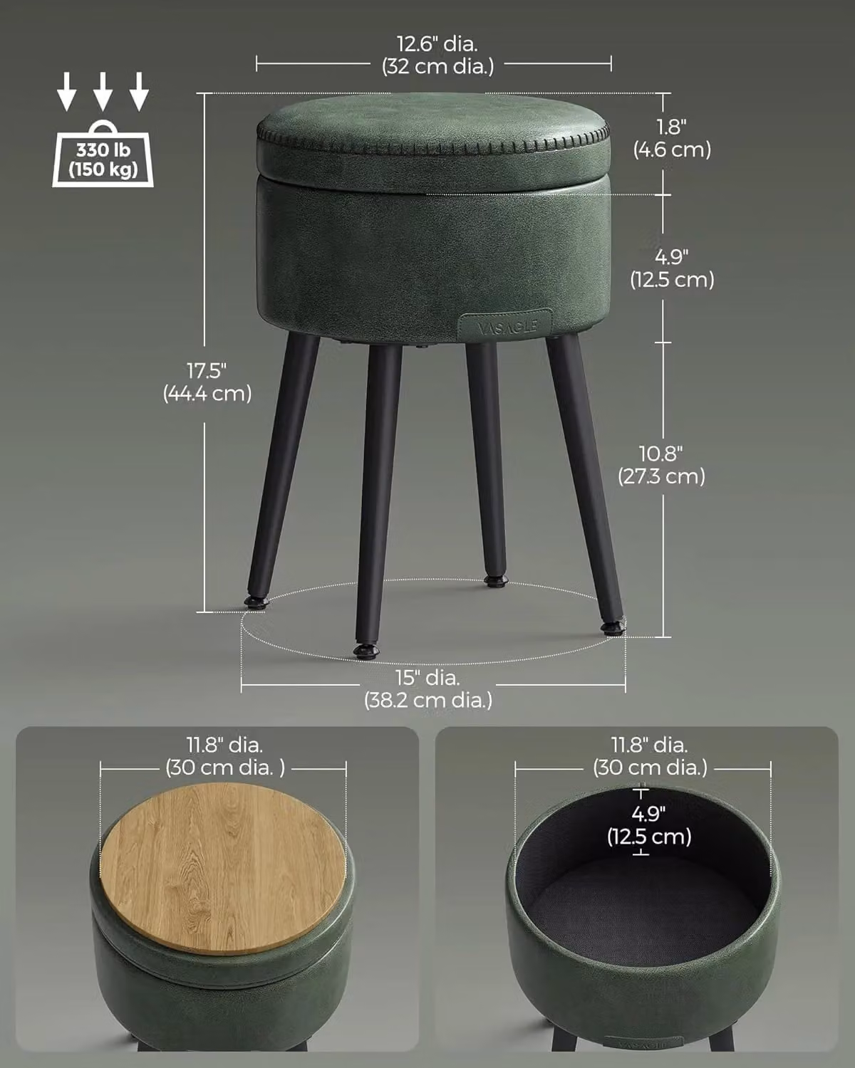 VASAGLE Round Storage Ottoman Dressing Stool in Green Synthetic Leather with Steel Legs – 2