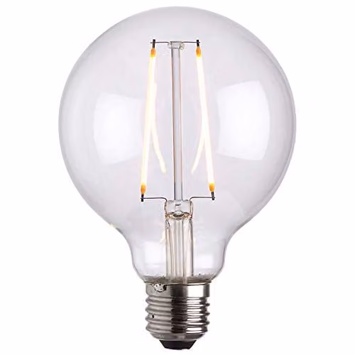 Loops Vintage Style LED Filament Globe Light Bulb, Transparent Glass, E27, 2W Warm White, 2200K, 230 Lumen, 95mm Diameter