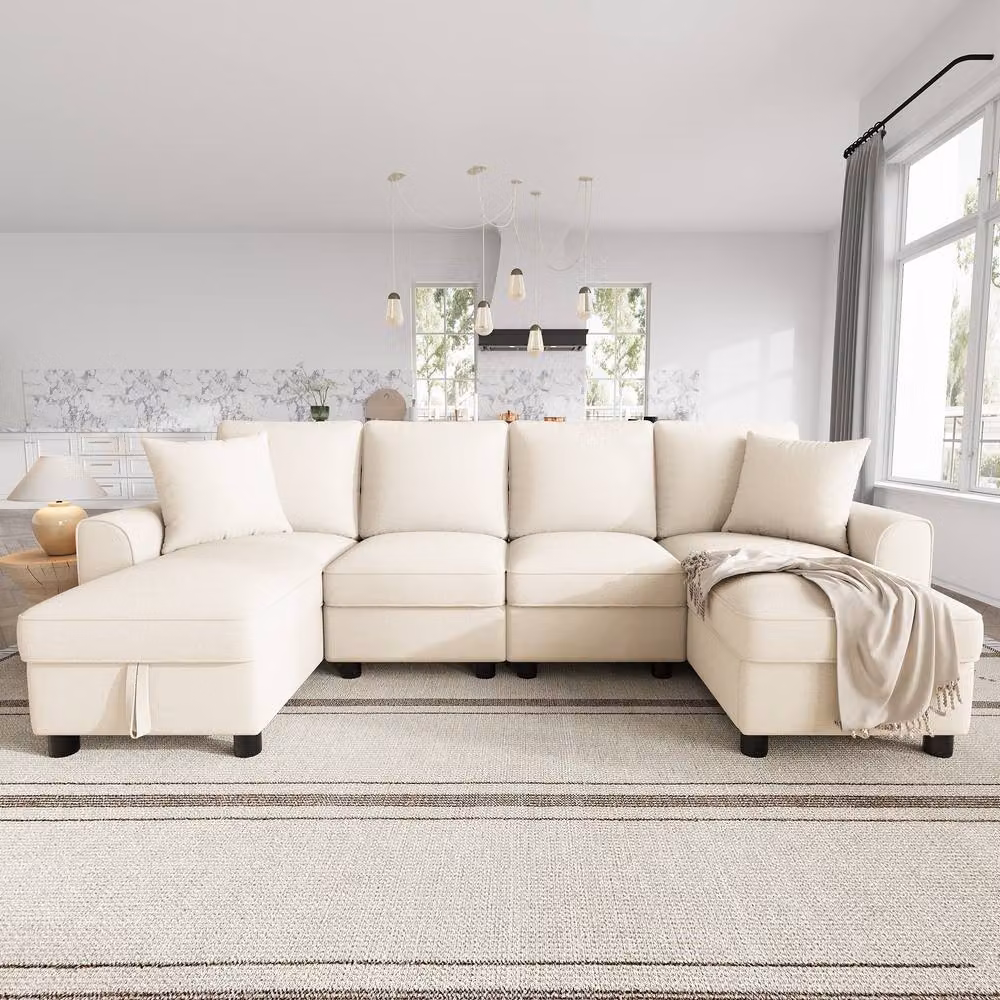 FENCHILIN Chenille U-Shaped Sectional Sofa with 2 Storage Chaise Lounges in Beige – 4