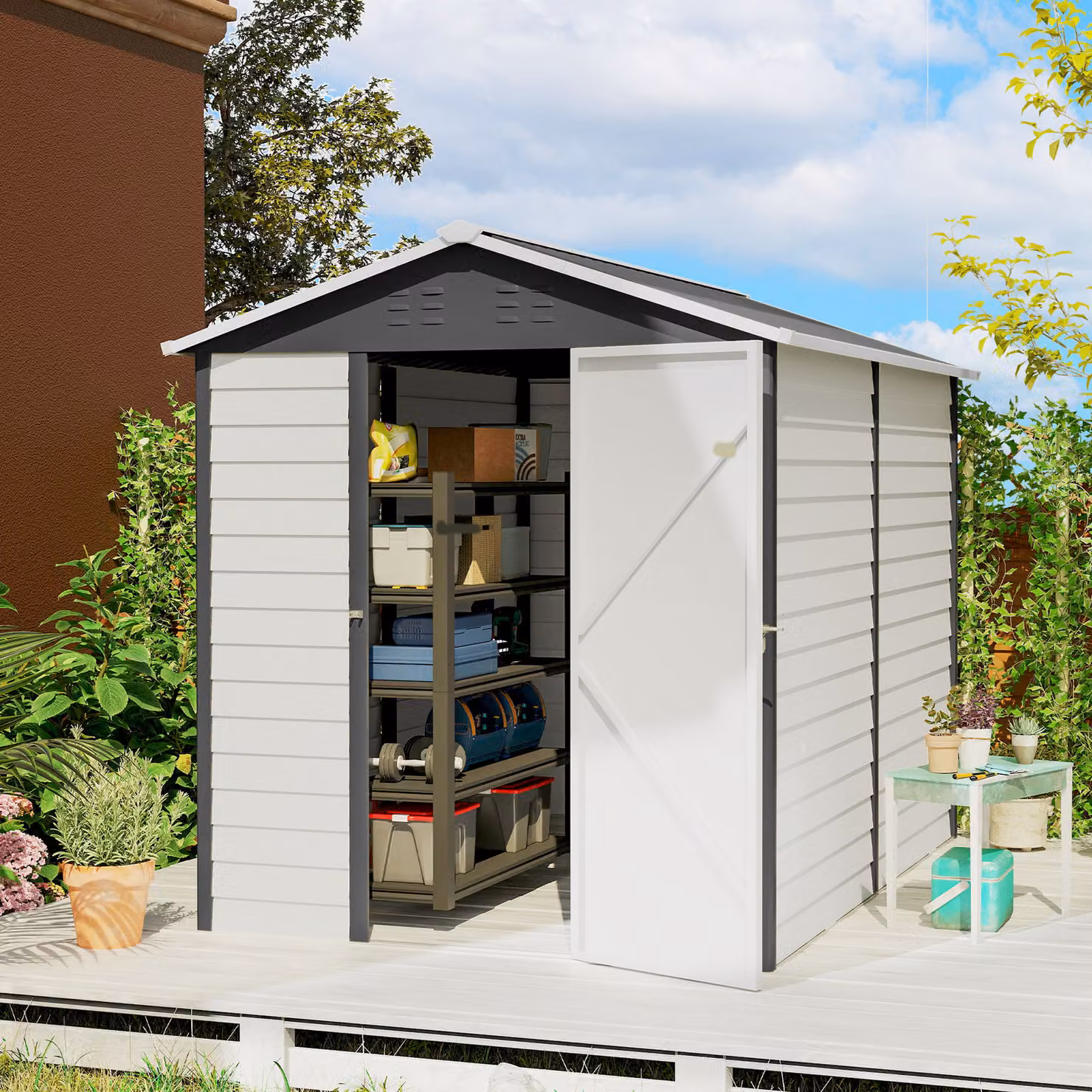 Outsunny Heavy-Duty Galvanised Steel Outdoor Shed with Lockable Door and Sloped Roof, Dark Grey, W: 274.32 cm, D: 187.0 cm, H: 208.0 cm – 2
