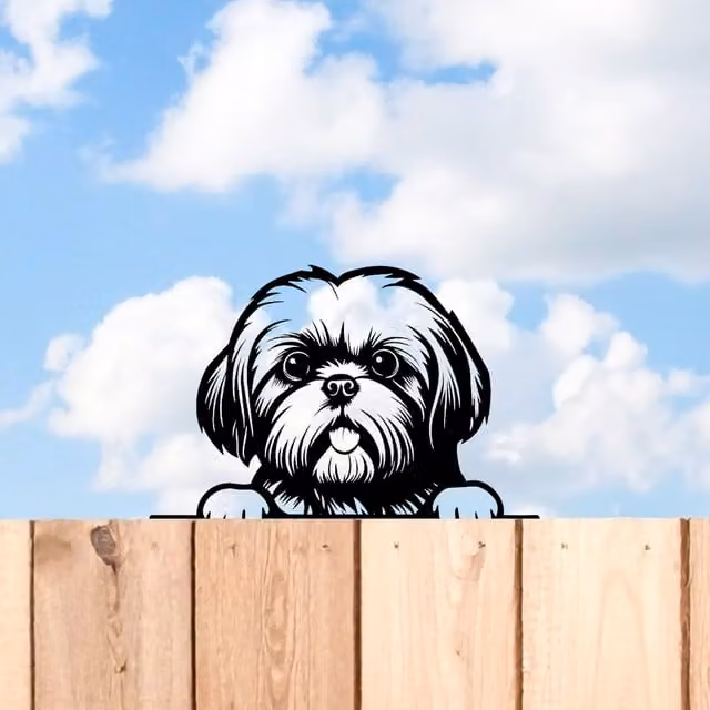 Betley Butterfly Peeking Dog Silhouette Fence Topper, Shih Tzu, Black