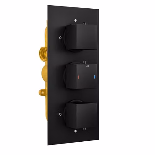 Bathroom Republic Orta Square Concealed Thermostatic Shower Valve with 3 Dials and 2 Outlets in Matt Black