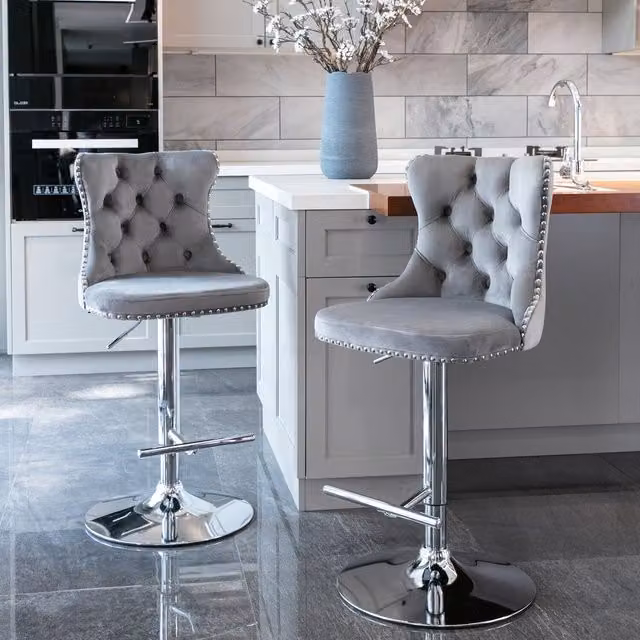 Modern Home Store Set of 2 Grey Velvet Tufted Swivel Bar Stools with Chrome Base