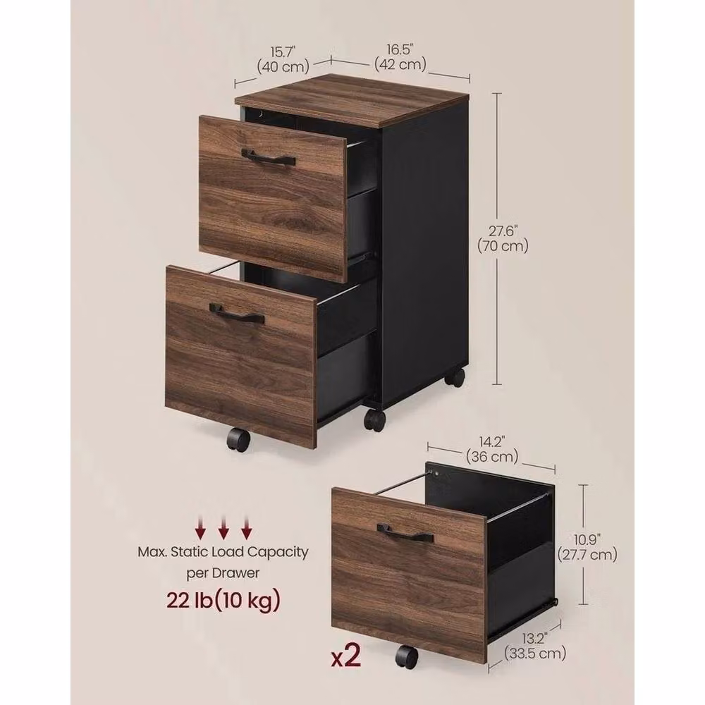 VOGREX Black and Brown Mobile 2-Drawer Office File Pedestal Cabinet with Lock and Castors, W: 42 cm, D: 40 cm, H: 70 cm – 4