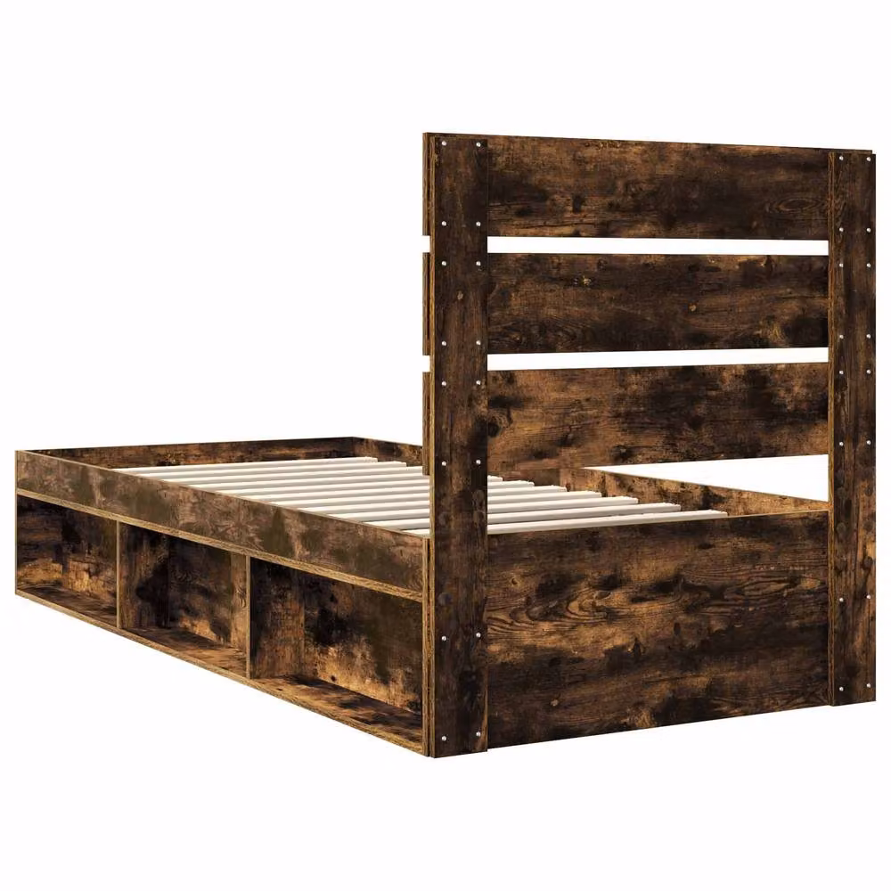 Berkfield Home Modern Bed Frame with Headboard in Smoked Oak and Brown Solid Pine Wood, W/D/H: 90 x 200 cm – 4