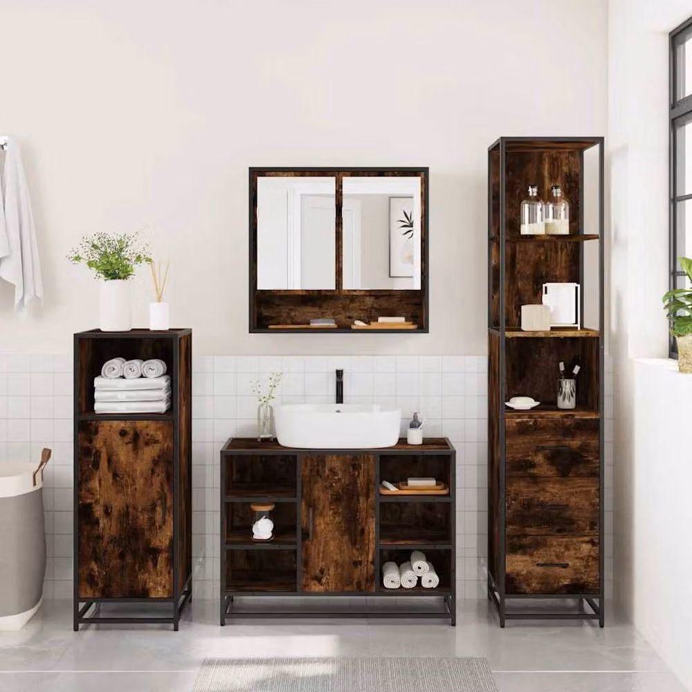 Berkfield Home 3-Piece Industrial Bathroom Furniture Set in Smoked Oak Brown, including Mirror Cabinet, Vanity Unit and Tall Cabinet – 2