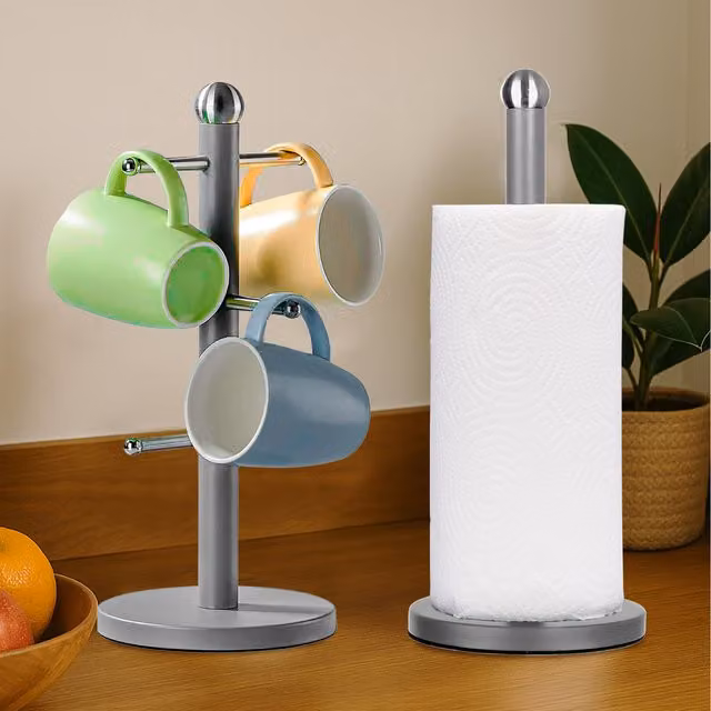 Innoteck Freestanding Kitchen Paper Roll Holder and Mug Tree Set in Grey