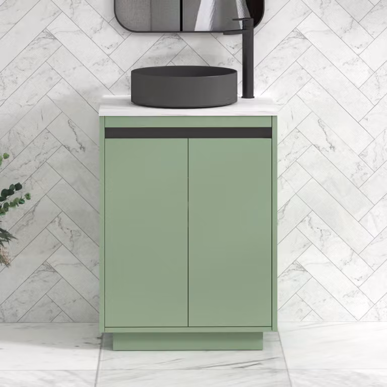 Royal Bathrooms Orion 800mm Mint Sage Floor Standing Countertop Vanity Unit with 2 Soft Close Doors, Art Round Basin and Black Accent Trim