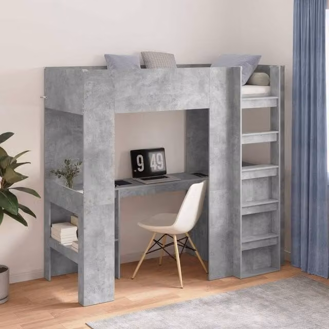 Berkfield Home Loft Bed Frame with Desk and Storage, Concrete Grey, W/D/H: 190 x 75 x 59 cm