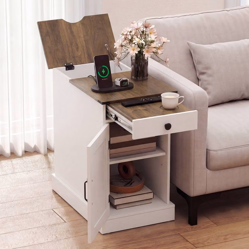 Gymax Farmhouse End Table with Charging Station and Cabinet in White – 6