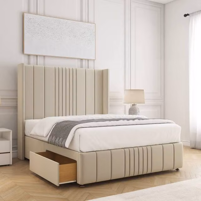 BSSPOKE Elise Double Plush Velvet Divan Bed with 54 inch Headboard, 2 Drawers and Mattress in Cream