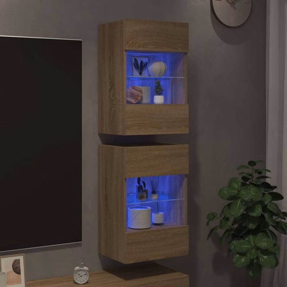 Berkfield Home Set of 2 Wall Mounted TV Cabinets with Integrated LED Lights in Sonoma Oak and Beige, W/D/H: 40 x 30 x 60.5 cm – 3