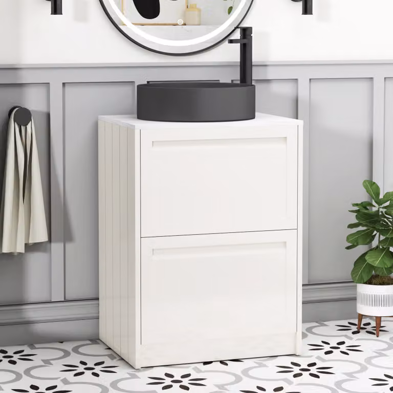 Royal Bathrooms Elmore Classic White Floor Standing Countertop Vanity Unit with 2 Drawers and Art Round Basin