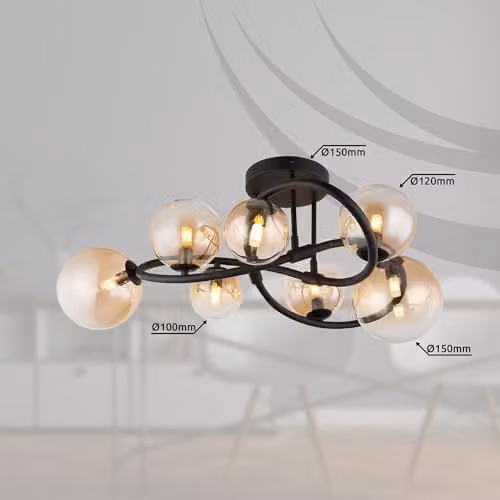 Netlighting Tuberius Multi Arm Semi Flush Ceiling Light in Black with Amber Glass Spheres for 7x G9 Bulbs – 4