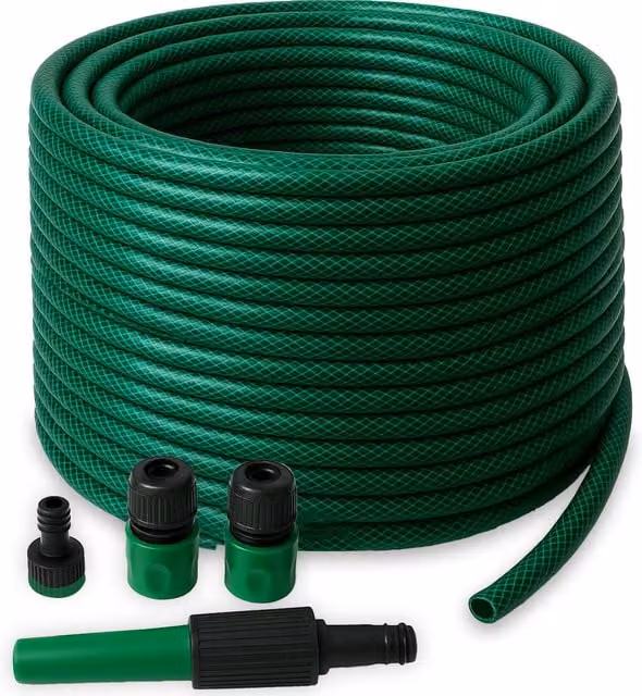 Innoteck 50m Green PVC Garden Hose Pipe Set with Nozzle and Fittings