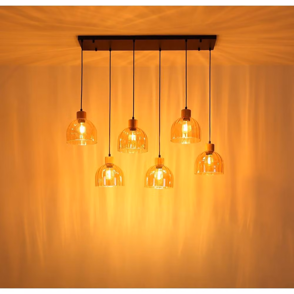 Globo Lighting Vintage Metal and Wood Pendant Light in Black and Brown with Amber Glass, H x W x D: 130 x 36 x 36 cm, 6x E27 – 3