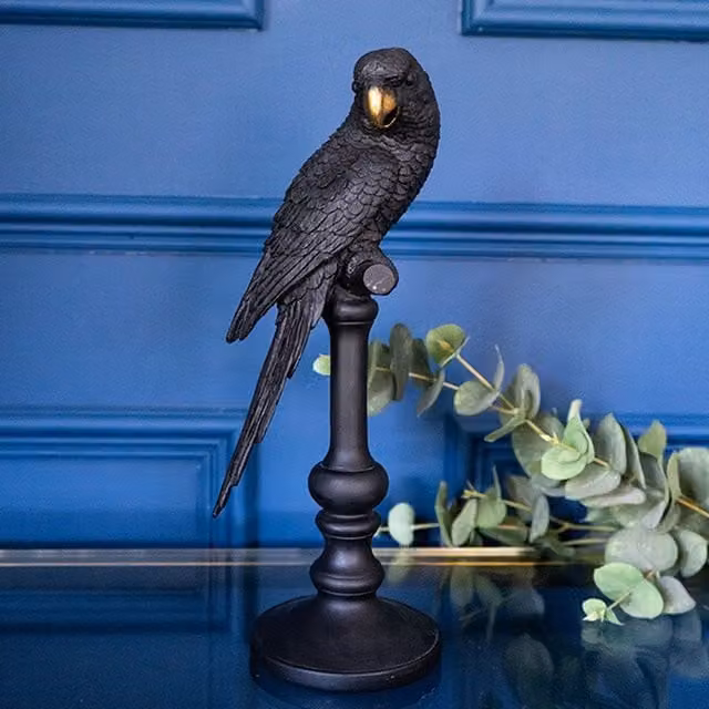 Madison & Mayfair Black and Gold Parrot Bird Ornament on Stand, H 35.0 cm x W 14.5 cm x D 12.0 cm