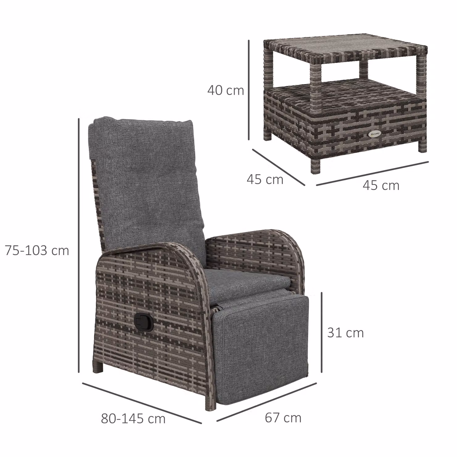 Outsunny 2 Seater Rattan Wicker Chaise Lounge Sofa Set with Cushions in Grey – 3