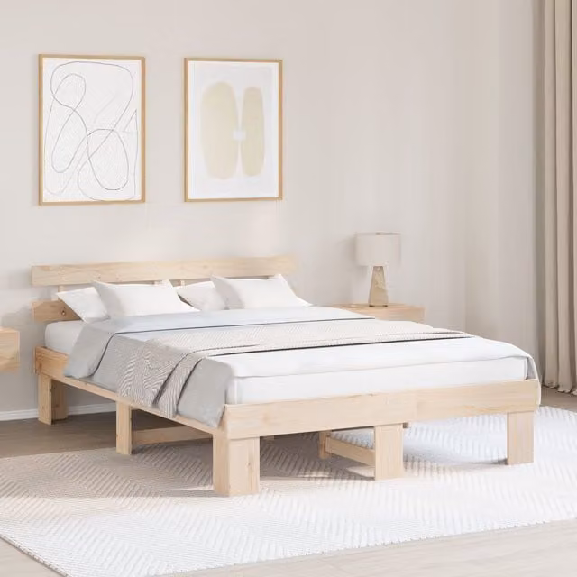 Berkfield Home Solid Wood Pine Bed Frame with Headboard, Beige, W: 160 cm, D: 200 cm, H: 73 cm