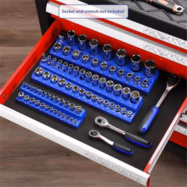 VOGREX 3-Piece Metric Magnetic Socket Organizer Tray Set, 1/4, 3/8 and 1/2 Drive Holder in Blue Steel – 1