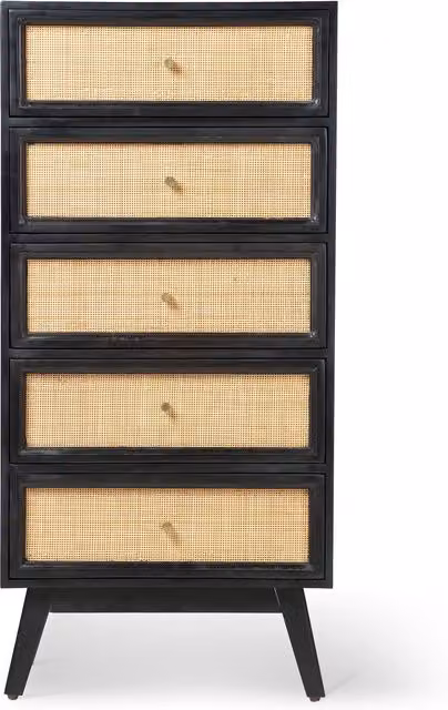 Venice Tall 5 Drawer Chest Unit in Black Mango Wood and Rattan
