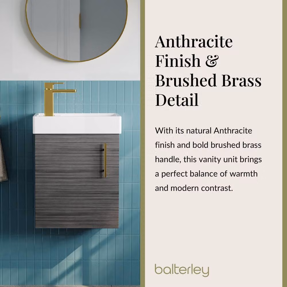 Balterley Wall Mounted Vanity Basin in Anthracite Grey with Brushed Brass Handle, W: 40 cm, H: 73.5 cm – 4