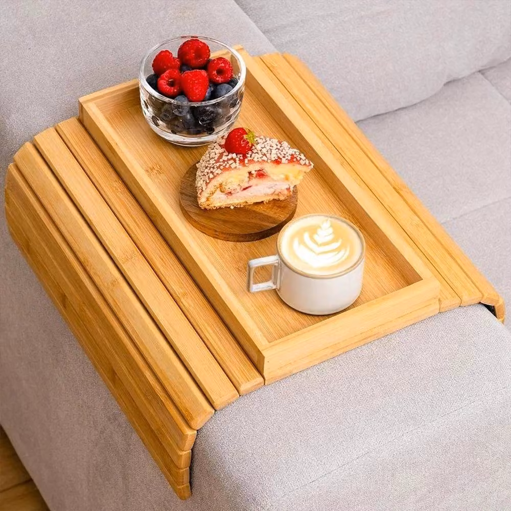 FLAVORA Natural Bamboo Wood Sofa Arm Rest Storage Organiser Tray in Brown, Large – 2