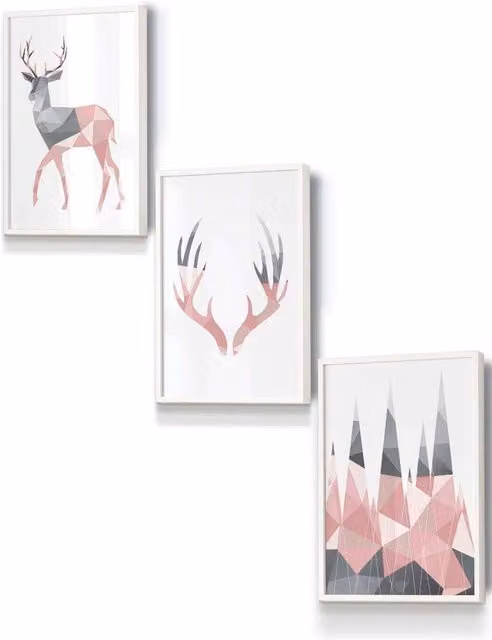 ARTZE Geometric Stags Framed Wall Art Set in Blush Pink, Grey and White, W: 33 cm, H: 45 cm, D: 2 cm