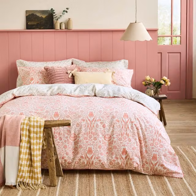 Laura Ashley Ashstead Damask Floral Cotton Reversible Duvet Cover Bedding Set in Natural Coral