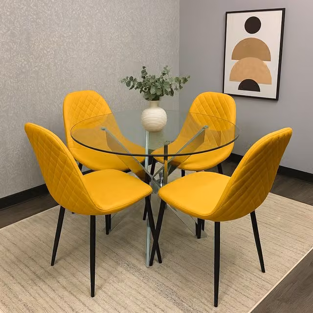 KOSY KOALA Round Glass Dining Table and 4 Mustard Gem Pattern Chairs Set in Beige