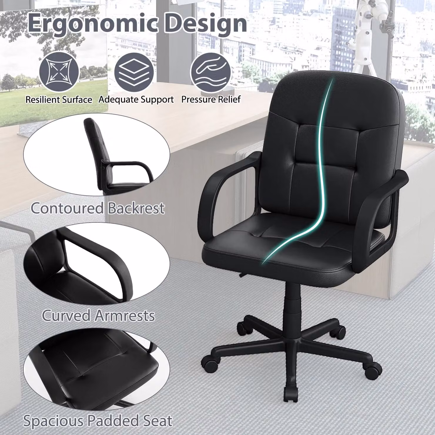 Costway Black PU Leather Executive Office Chair with Ergonomic Back and 360 Degree Swivel – 5